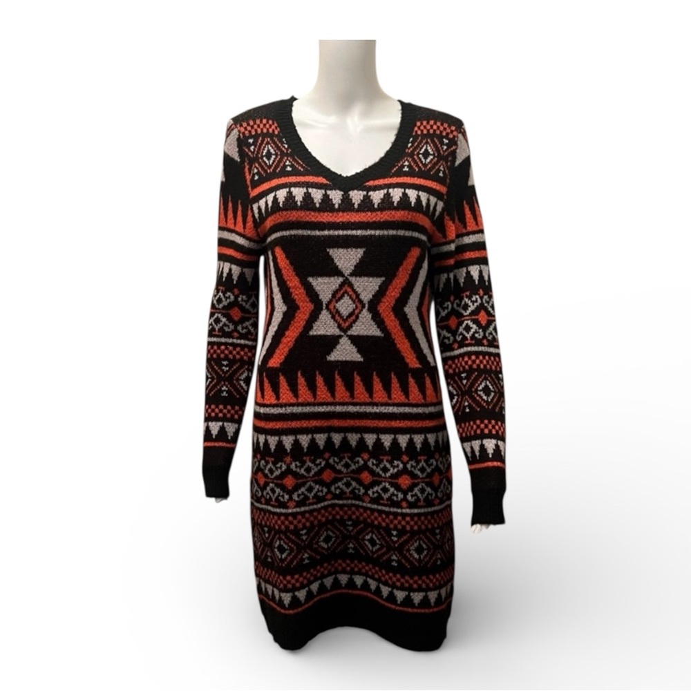 Geometric Pattern Long Sleeve Sweater Dress in Black and Orange